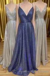 Sparkly V Neck Straps A-Line Long Semi Formal Prom Dress